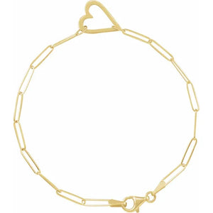 14 Karat Yellow Gold Heart and Paperclip Style Chain Bracelet