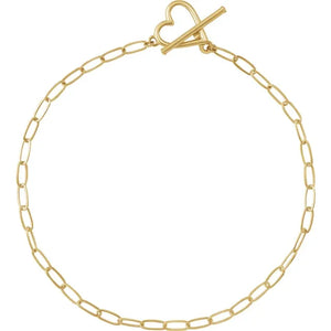 14 Karat Yellow Gold Heart and Paperclip Style Chain Bracelet