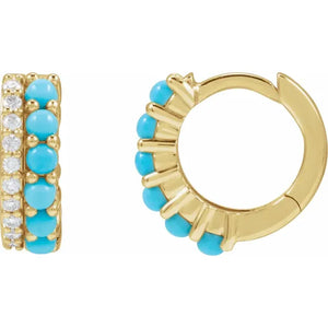 14 Karat Yellow Gold Natural Turquoise and Natural Diamond Huggie Hoop Earrings