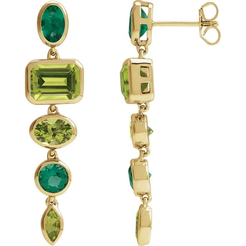 14 Karat Yellow Gold Natural Peridot and Lab-Grown Emerald Dangle Earrings