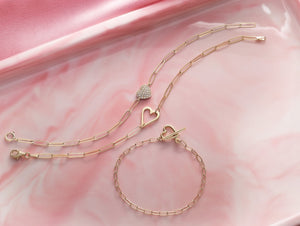 14 Karat Yellow Gold Heart and Paperclip Style Chain Bracelet