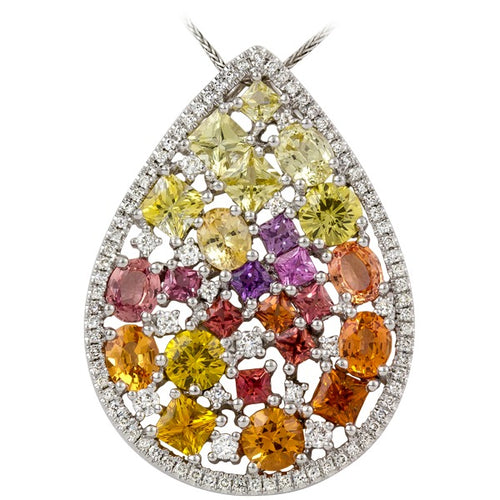 14 Karat White Gold Multi-Color Sapphire and Diamond Necklace
