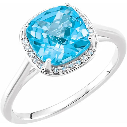 14 Karat White Gold Natural Swiss Blue Topaz and Diamond Ring