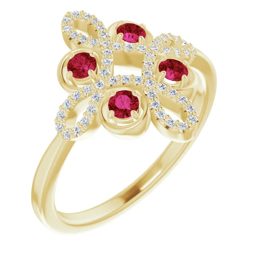 14 Karat Yellow Gold Ruby and Diamond Clover Ring
