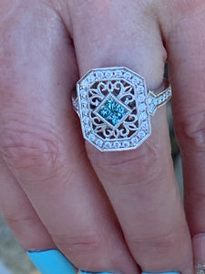 14 Karat White Gold Blue and White Diamond Ring