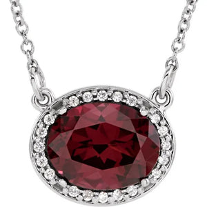 14 Karat White Gold Rhodolite Garnet and Diamond Halo-Style Necklace