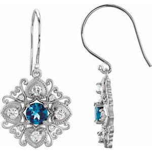 14 Karat White Gold Vintage-Inspired London Blue Topaz and Diamond Earrings