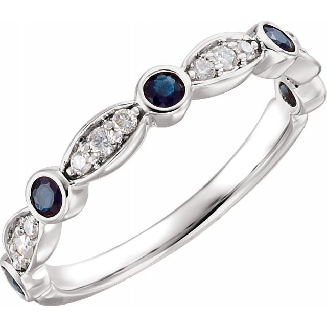 14 Karat White Gold Blue Sapphire and Diamond Stackable Ring