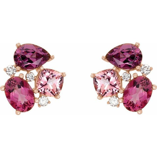 14 Karat Rose Gold Pink Multi-Gemstone and Diamond Earrings