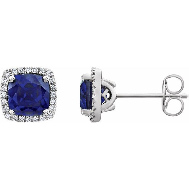 14 Karat White Gold Created Blue Sapphire and Diamond Earrings