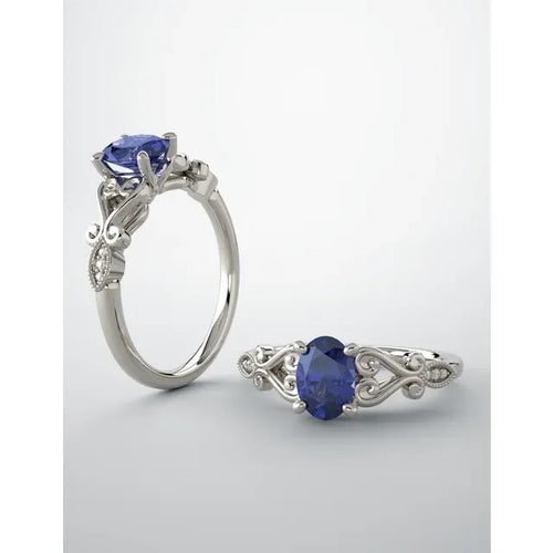 14 Karat White Gold Chatham Created Blue Sapphire and Diamond Ring