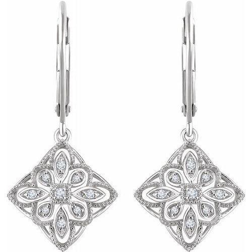 14 Karat White Gold Vintage-Inspired Diamond Leverback Earrings 