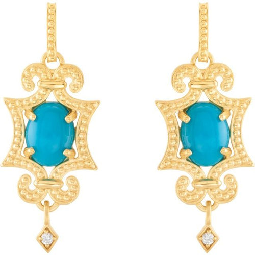 14 Karat Yellow Gold Cabochon Turquoise and Diamond Earrings