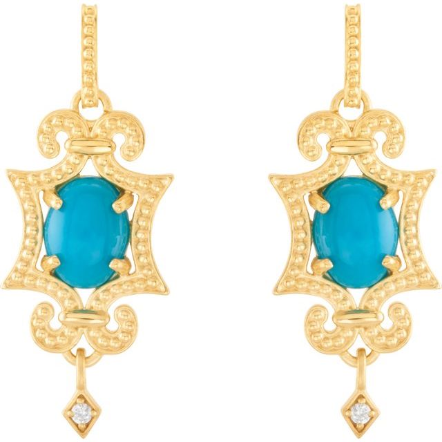 14 Karat Yellow Gold Cabochon Turquoise and Diamond Earrings