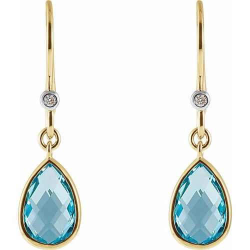 14 Karat Yellow Gold Swiss Blue Topaz and Diamond Earrings