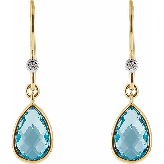 14 Karat Yellow Gold Swiss Blue Topaz and Diamond Earrings