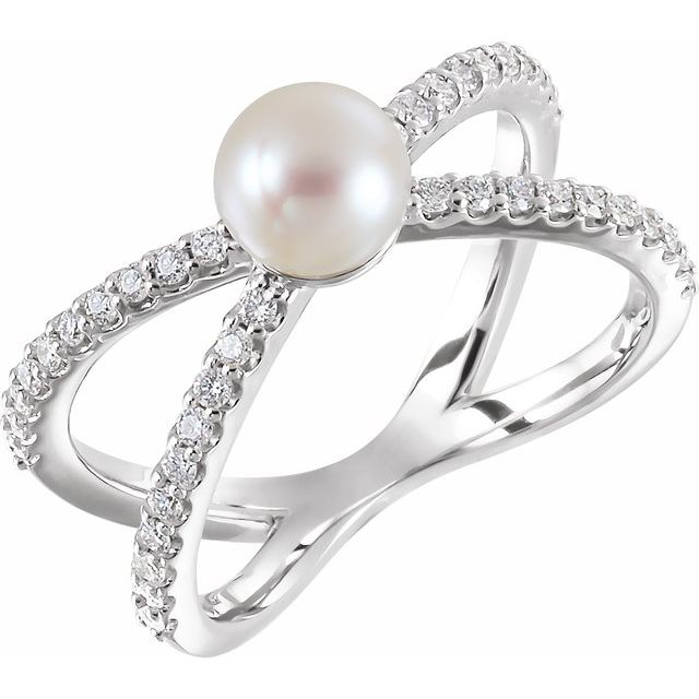 14 Karat White Gold Freshwater Cultured Pearl and Diamond Negative Space Ring