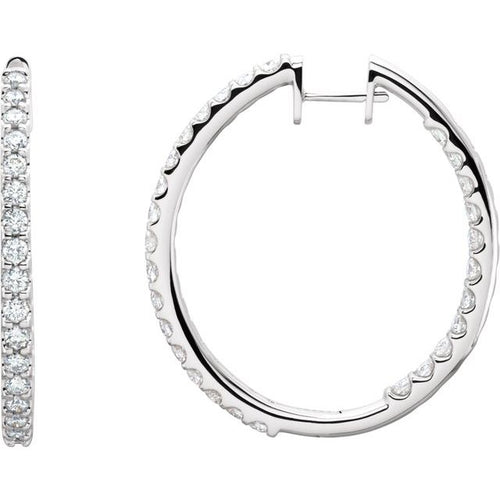 14 Karat White Gold Inside Outside Diamond Hoop Earrings