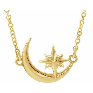 14 Karat Yellow Gold Crescent Moon & Star Necklace