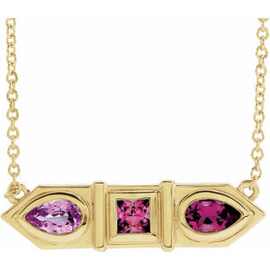 14 Karat Yellow Gold Pink Multi-Gemstone Geometric Bar Necklace