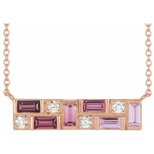 14 Karat Rose Gold Pink Multi-Gemstone and Diamond Bar Necklace