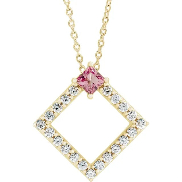 14 Karat Yellow Gold Pink Tourmaline and Diamond Geometric Necklace