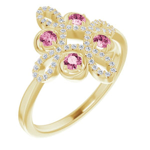 14 Karat Yellow Gold Pink Tourmaline and Diamond Clover Ring