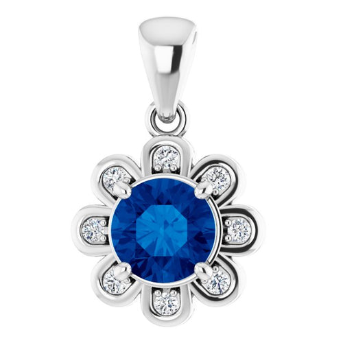 14 Karat White Gold Chatham Created Blue Sapphire and Diamond Flower Necklace