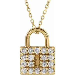 14 Karat Yellow Gold Diamond Lock Necklace