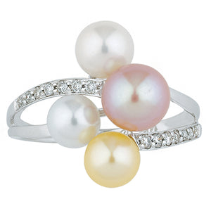 14 Karat White Gold Multi-Color Freshwater Pearl and Diamond Ring