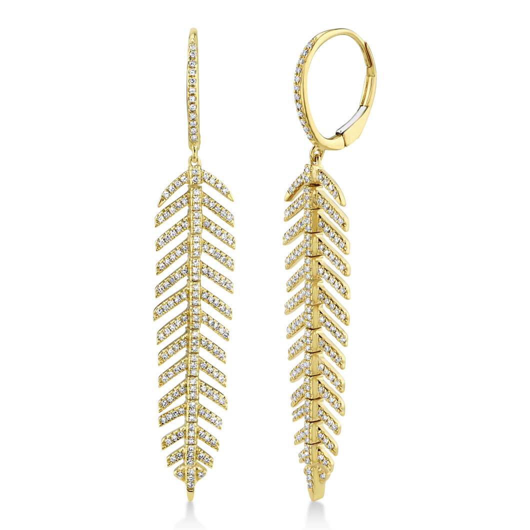 18 Karat Yellow Gold Diamond Feather Earrings