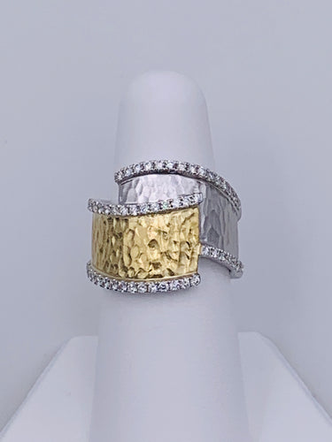 14 Karat White and Yellow Gold Hammered Diamond Bypass-Style Ring